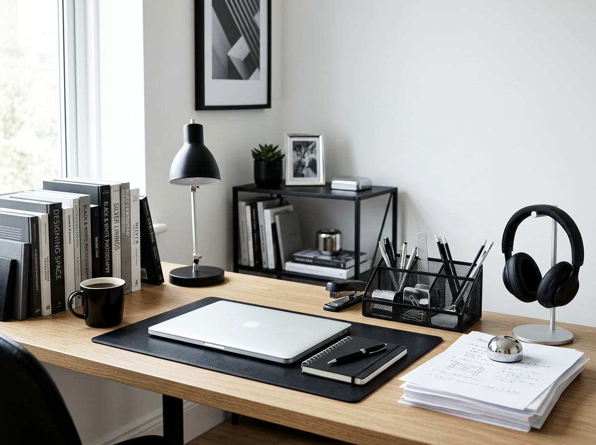 A tidy home office desk with a open laptop, black notebook, black pen, desk lamp, coffee mug, stack of books, headphones on stand, pen holder with pens, and stacks of papers.