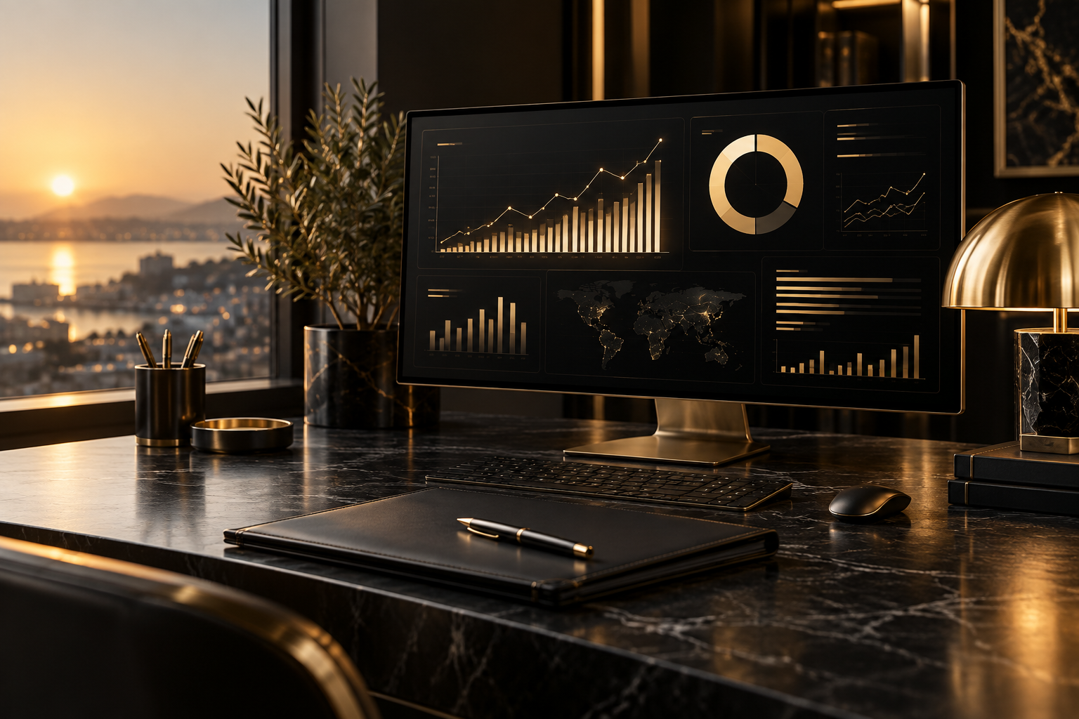 Black and gold workstation displaying a conceptual marketing analytics dashboard