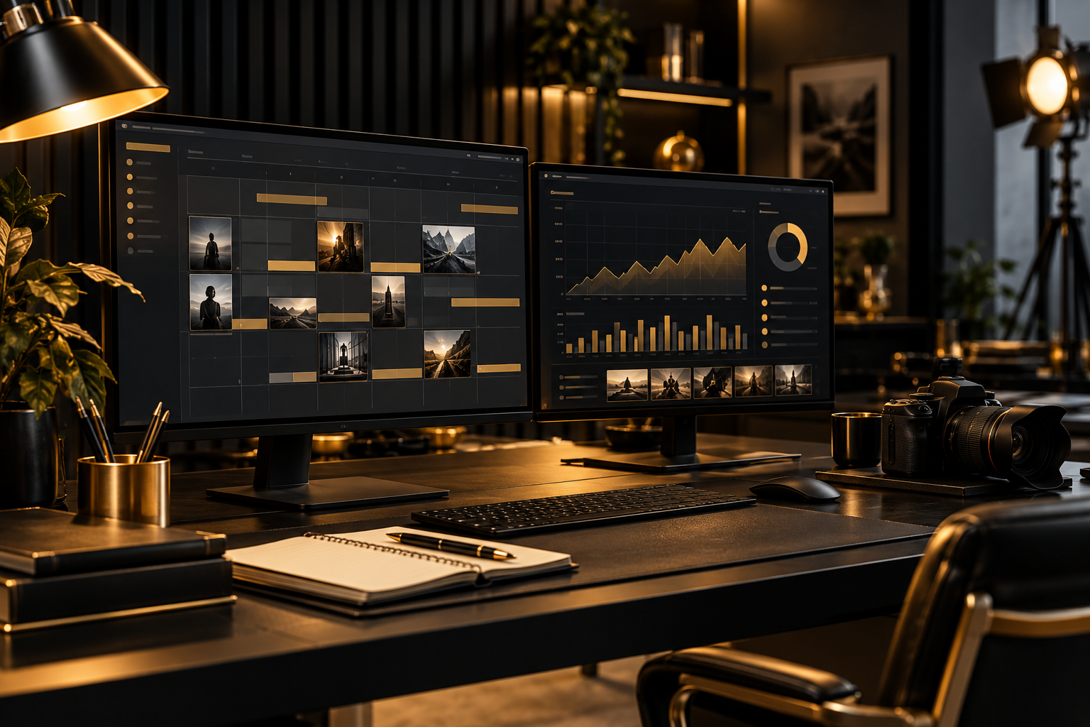 Black and gold marketing workspace with content planning screens, analytics, and a professional camera