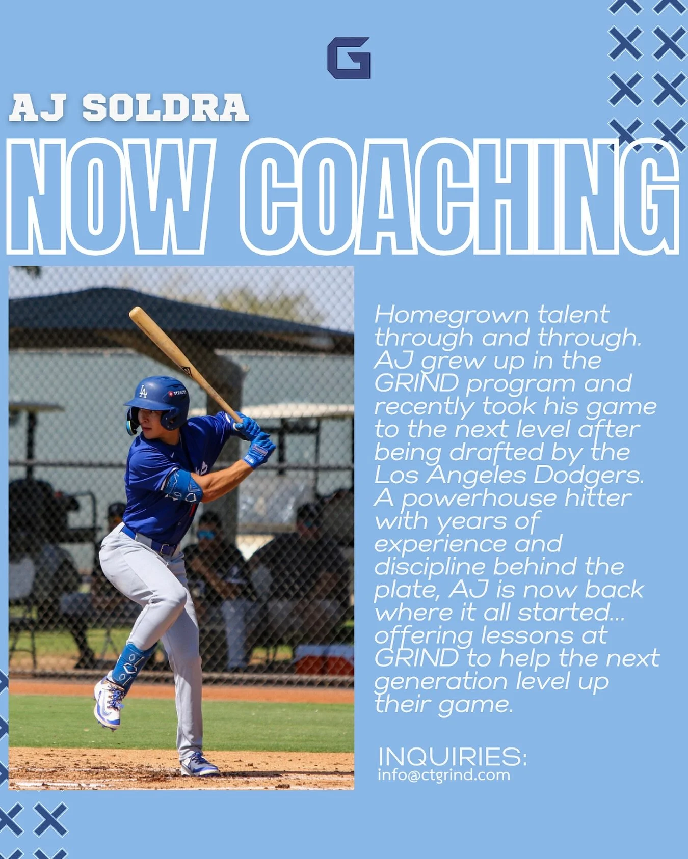 Homegrown + headed for greatness ⚾️

AJ Soldra grew up in our GRIND program, was drafted by the LA Dodgers, and is now back where it all started&hellip; giving lessons to the next generation. 

Email info@ctgrind.com to learn more about working with 