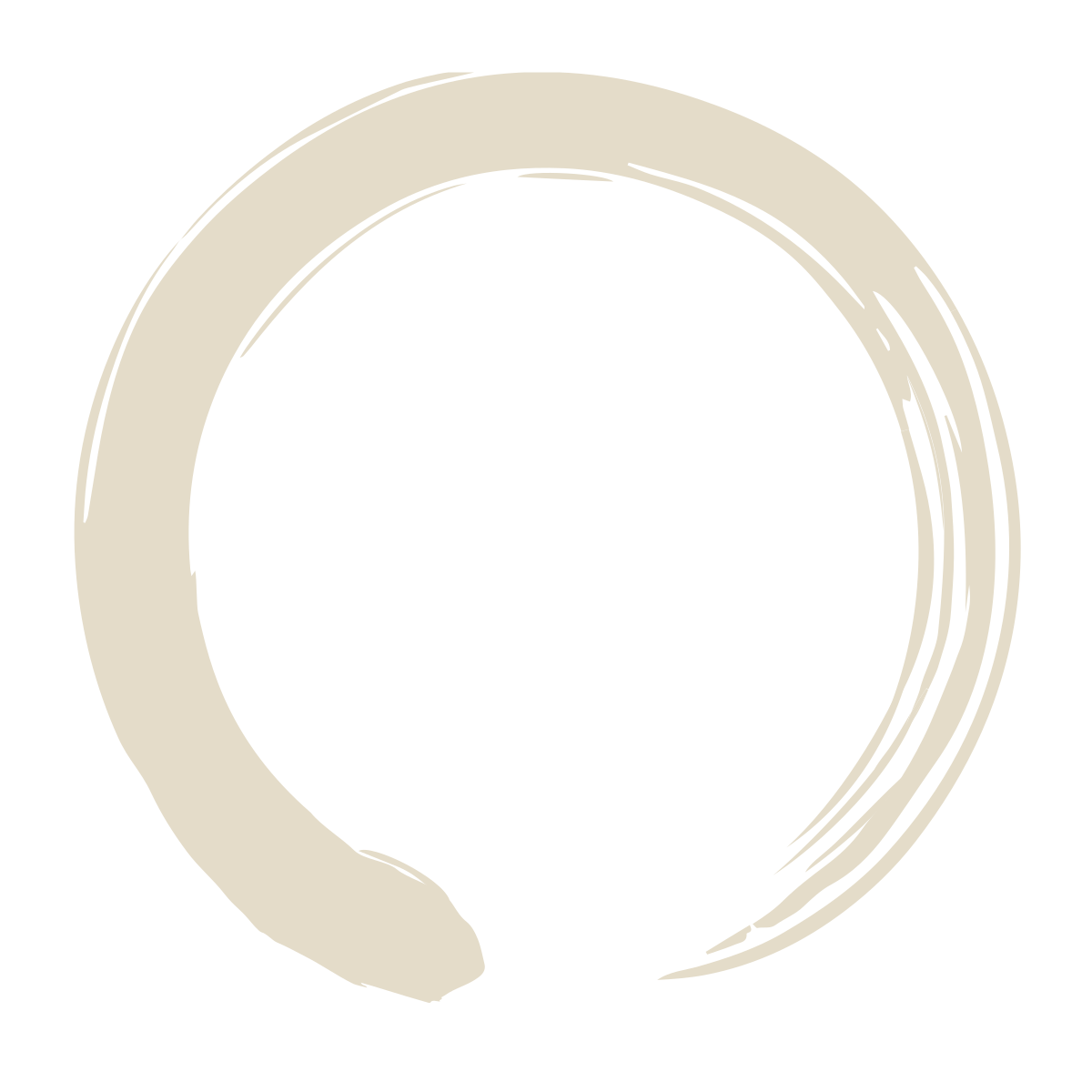 An abstract circular brushstroke design with an off-white color on a black background.