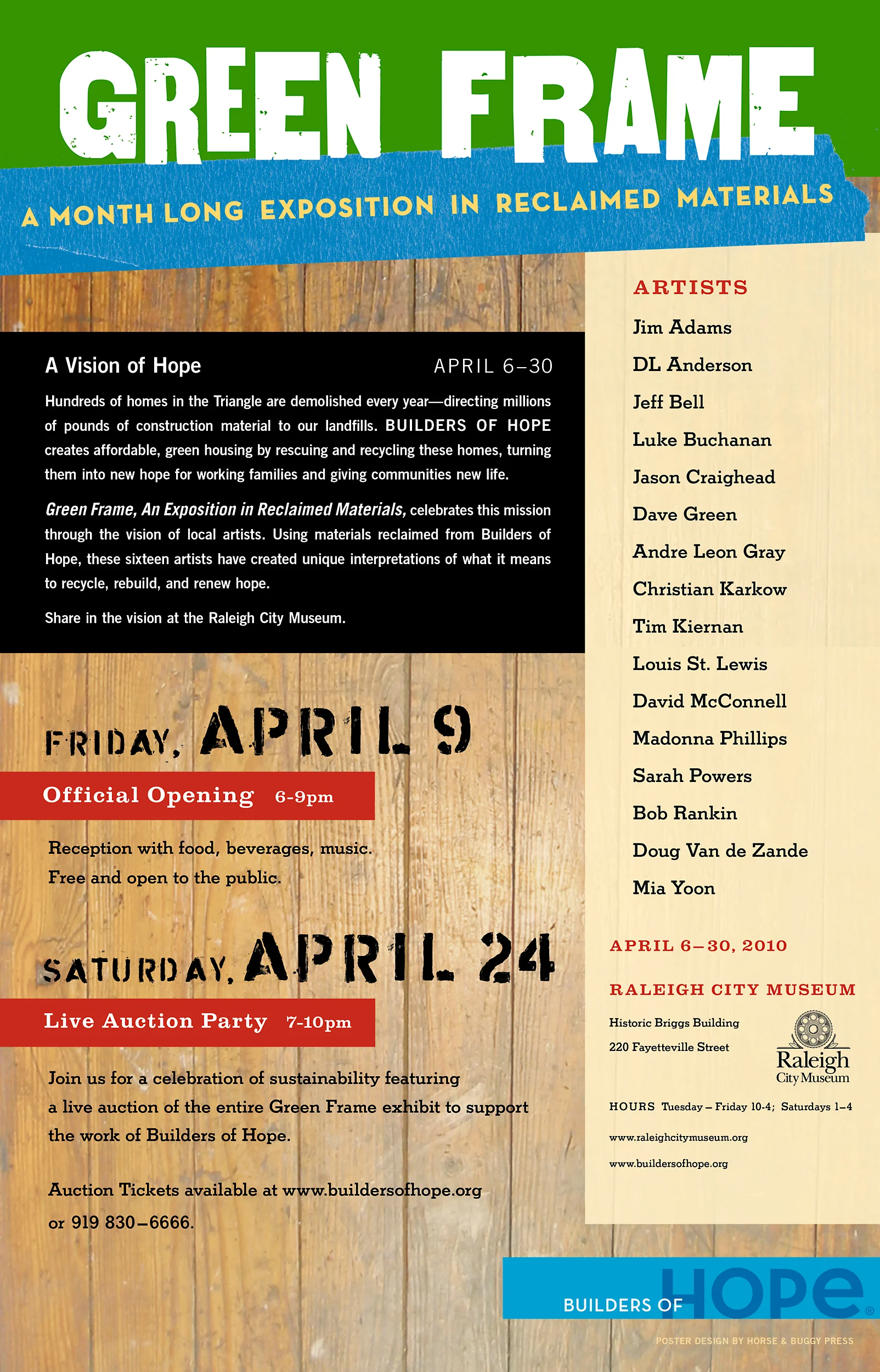 Poster plays off the recycle/reuse theme of the art exhibit it promoted. Background is the table top of my ink mixing table which itself was rescued from the back of an old printing plant. Digitally printed. 12 x 18 inches.