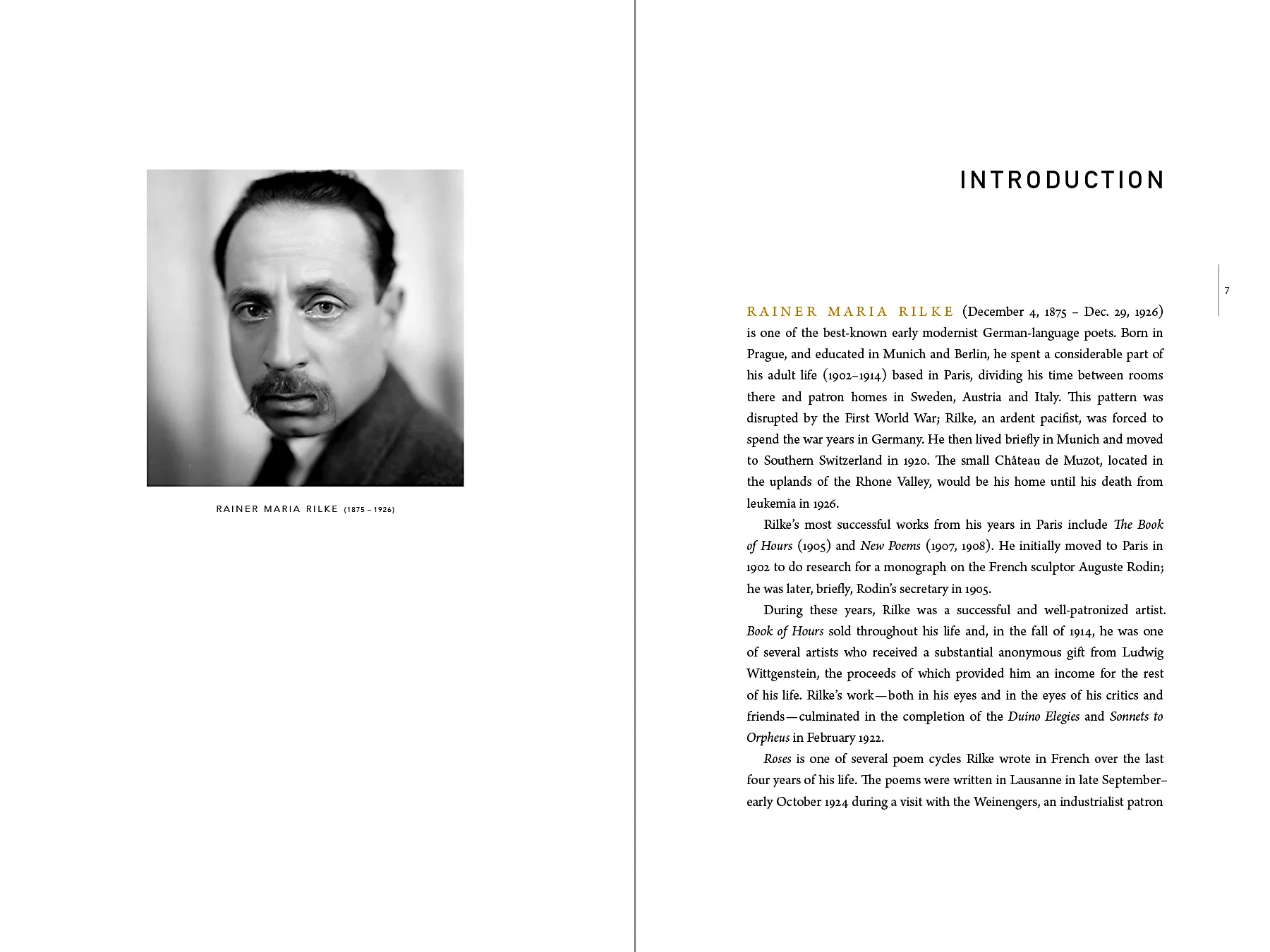 Introduction spread. Rilke looks at us from another century as we read about him.