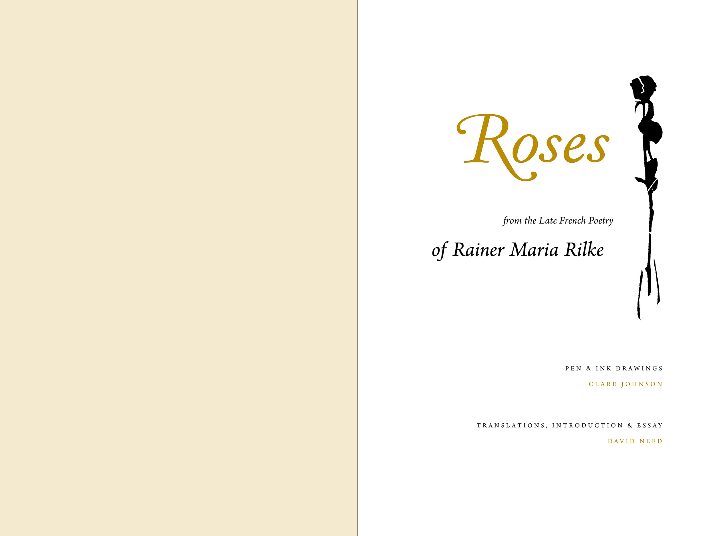 Title spread. Bilingual poetry book was printed on a two color offset press so that the poems on facing pages could be in different colors. This shows a screened back flood of the spot color to set off the title page (and this styling was employed at section breaks within the book).