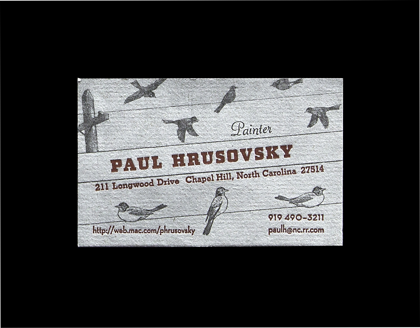  Paul and I collaborated on four different business card designs and this was my favorite. He wanted one of them to have a grungy feel so I used a halftone screen of a charcoal drawing for the background. 