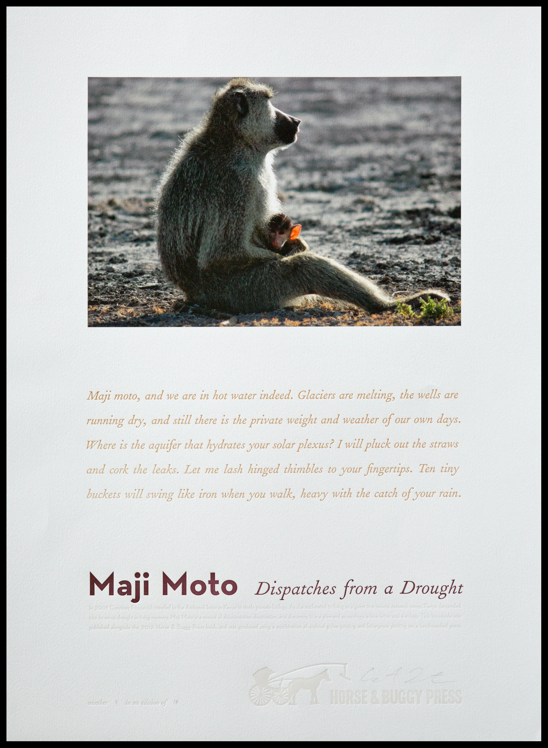 Giclee printed image with letterpress printed text. 17 x 23 inches. This accompanied the fine press book, and actually four different broadside editions were created. See more about this project in the blog.