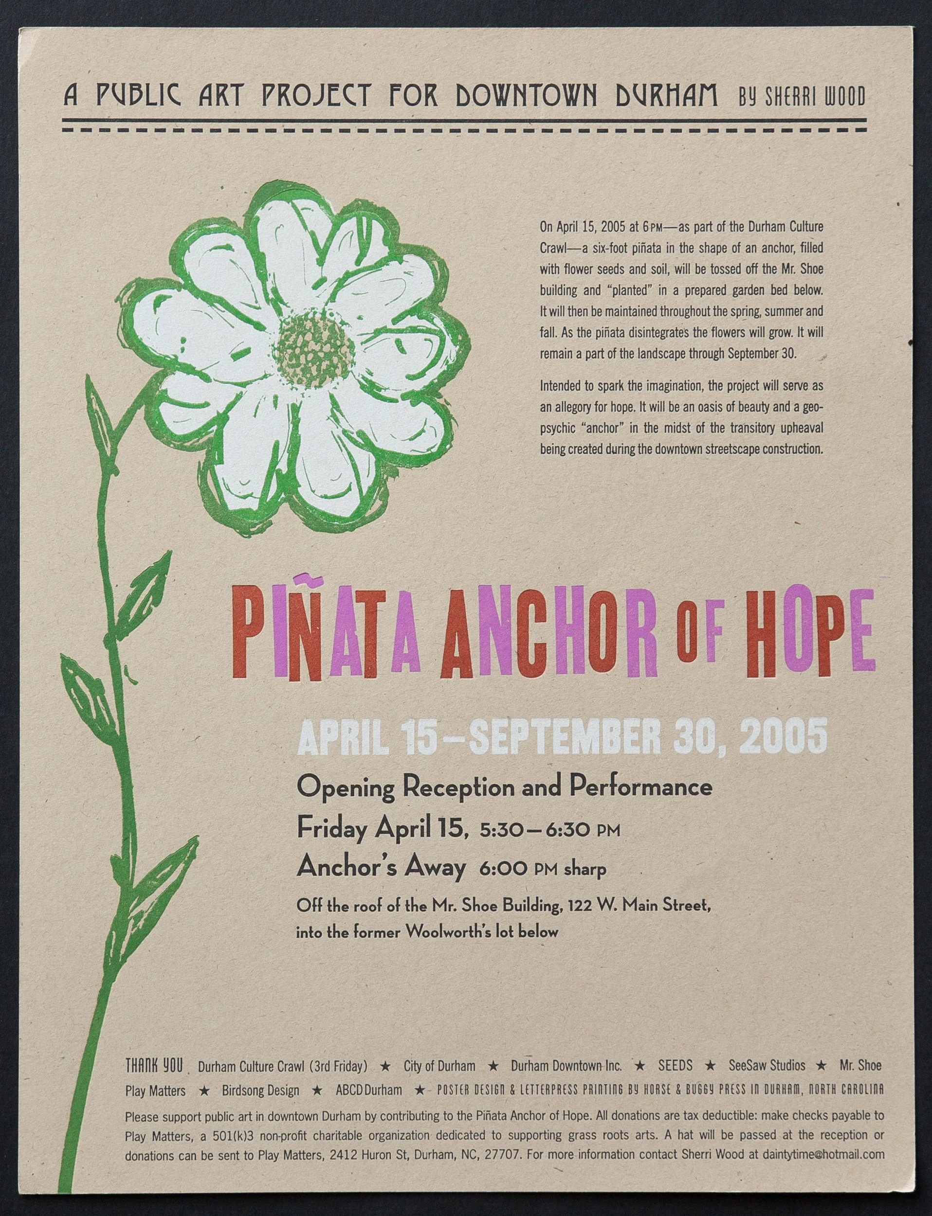 Letterpress printed poster for Sherri Wood’s art installation. Mix of hand-set wood type and digitally produced type.