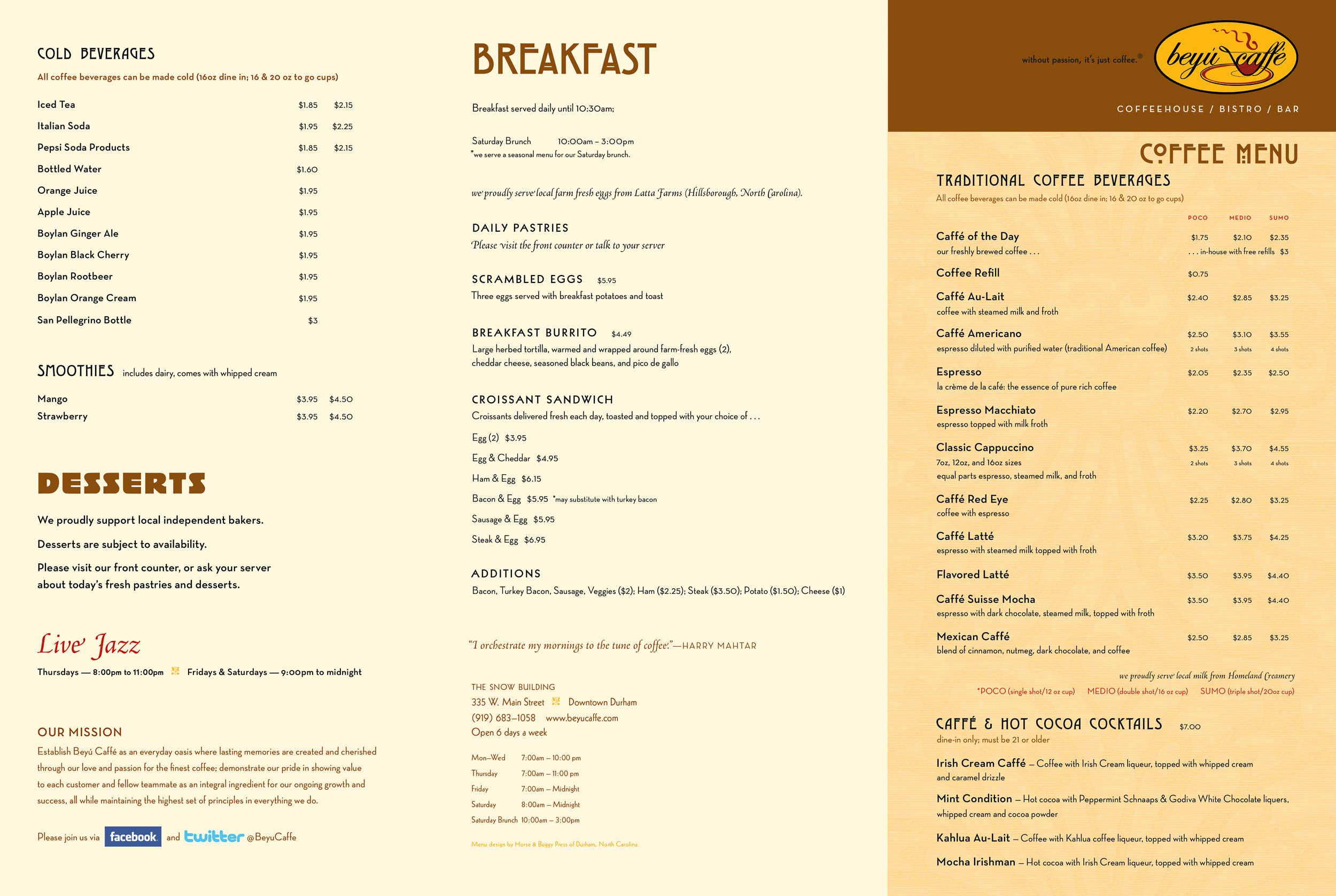  Three panels from the breakfast/lunch/coffee menu. 