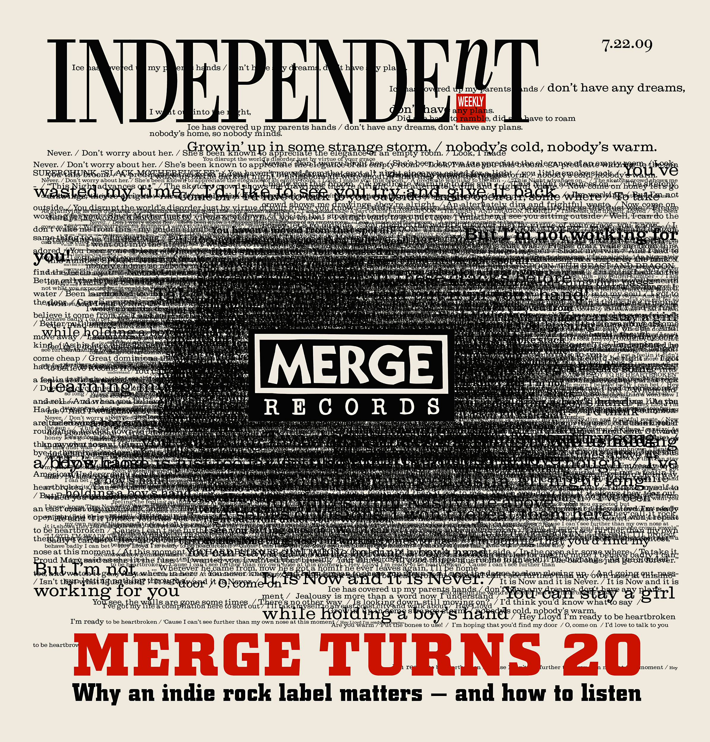  Cover for newsweekly featured a magnetic field of lyrics from various songs that Merge recording artists have released over the years.&nbsp; 