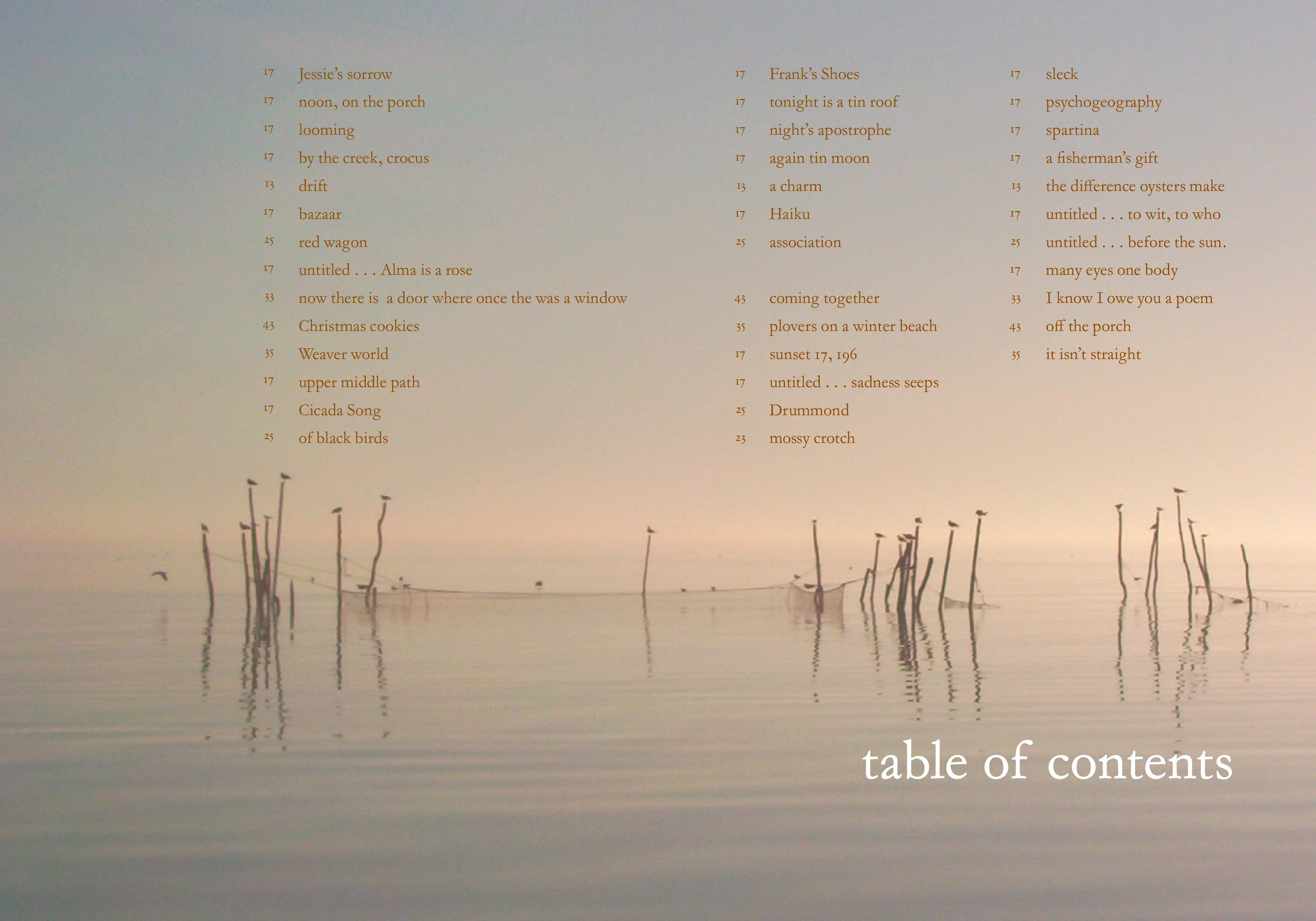 Contents spread. The feel of morning as one begins the book.