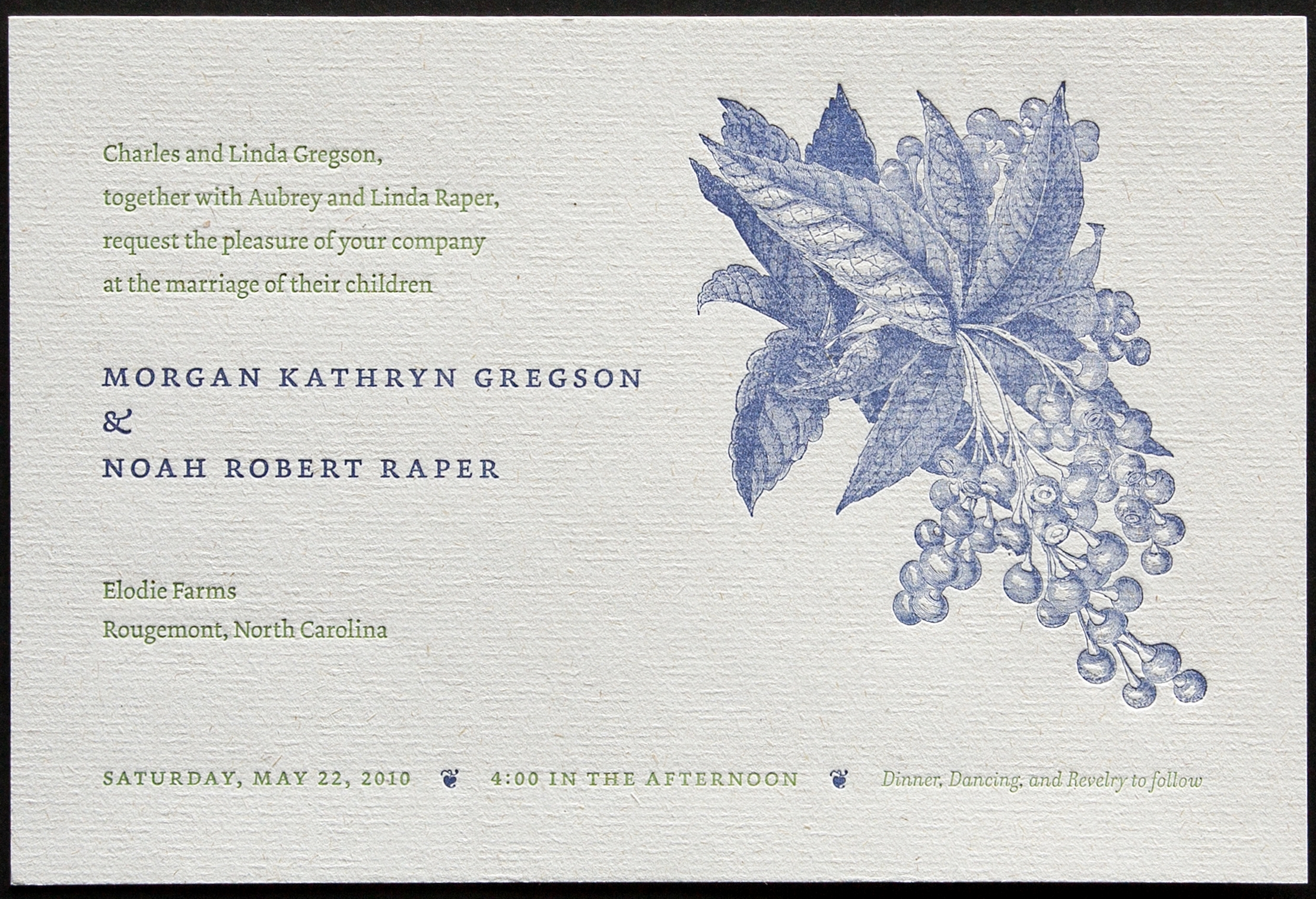  Wedding took place on a blueberry farm. Letterpress printing does a great job with line drawings.&nbsp; 