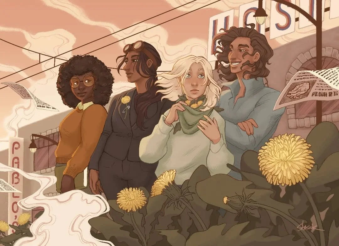 Meet the main characters of The Dandelion Riots! From left to right, we have Odd, Story, Drinn, and Bash. Lots of details from the story are in this picture, and the washed-out/sepia look fits the bleak vibe of the city perfectly.

Is this how you im