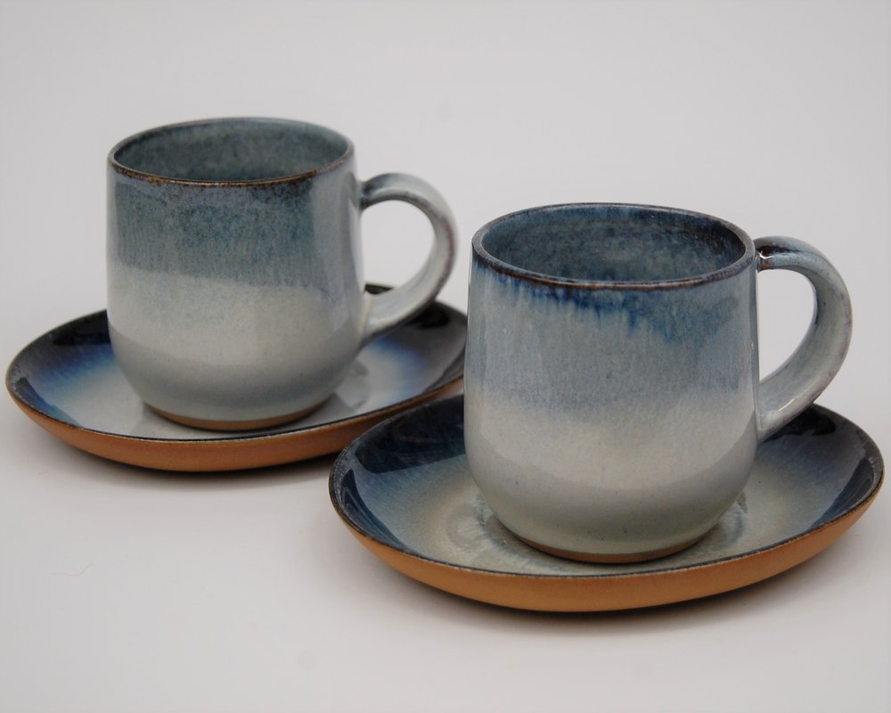 Handmade Pottery Blue Cappuccino Cup with a Saucer by Mad About