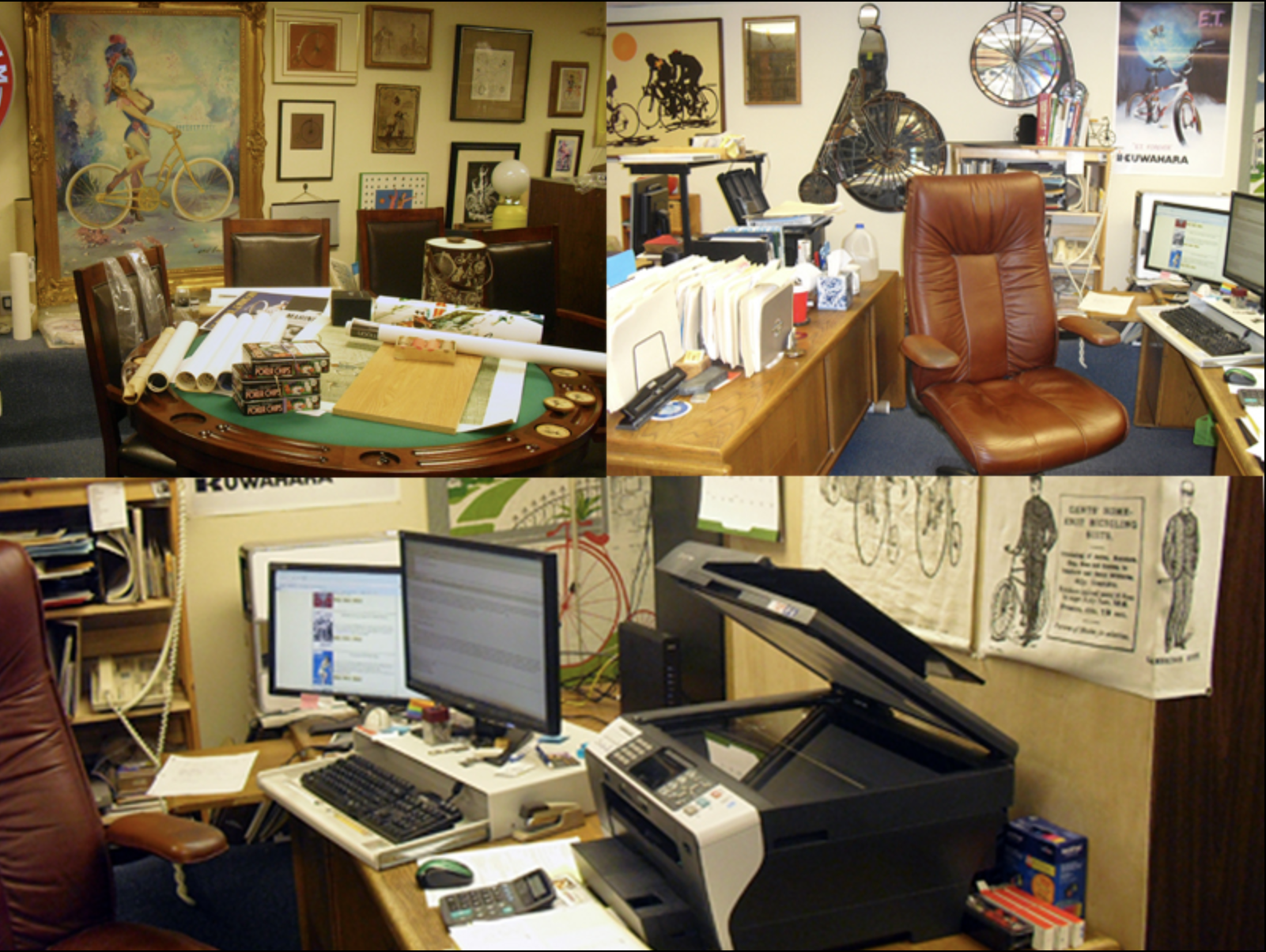 "This is where I do my work (play) every day. The decor is all bicycle stuff as is the decor in the rest of our home. If you phone me I will point out some E.T. stuff which is included in the decor. There is also a large (huge) original painting of Marilyn Monroe posing as Lillian Russell with a gold bike (the original photo was taken by Richard Avedon)."