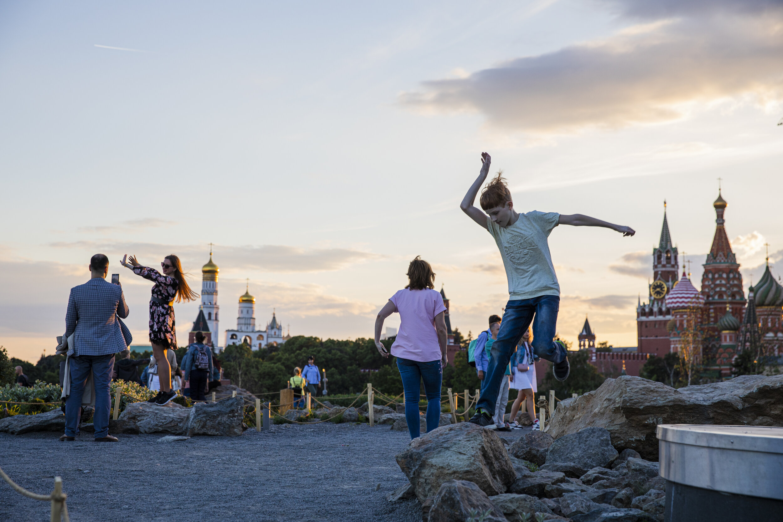  Tourists pose and play in Zaryadye Park near Red Square in Moscow, Russia, June 5, 2019.  