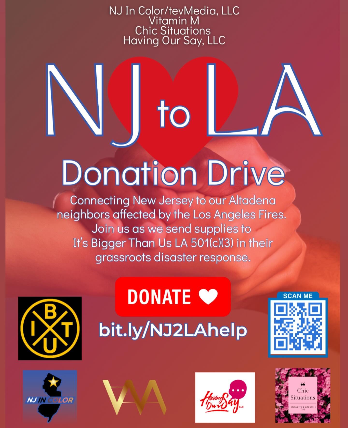 NJ❤️LA DONATION DRIVE FOR LA FIRE VICTIMS 🙏🏾 FINAL WEEK‼️

Go to bit.ly/NJ2LAhelp or link in bio.🫱🏾&zwj;🫲🏽

We are partnering to connect our New Jersey family with our Altadena and Los Angeles area neighbors affected by the LA/Altadena/Pasadena