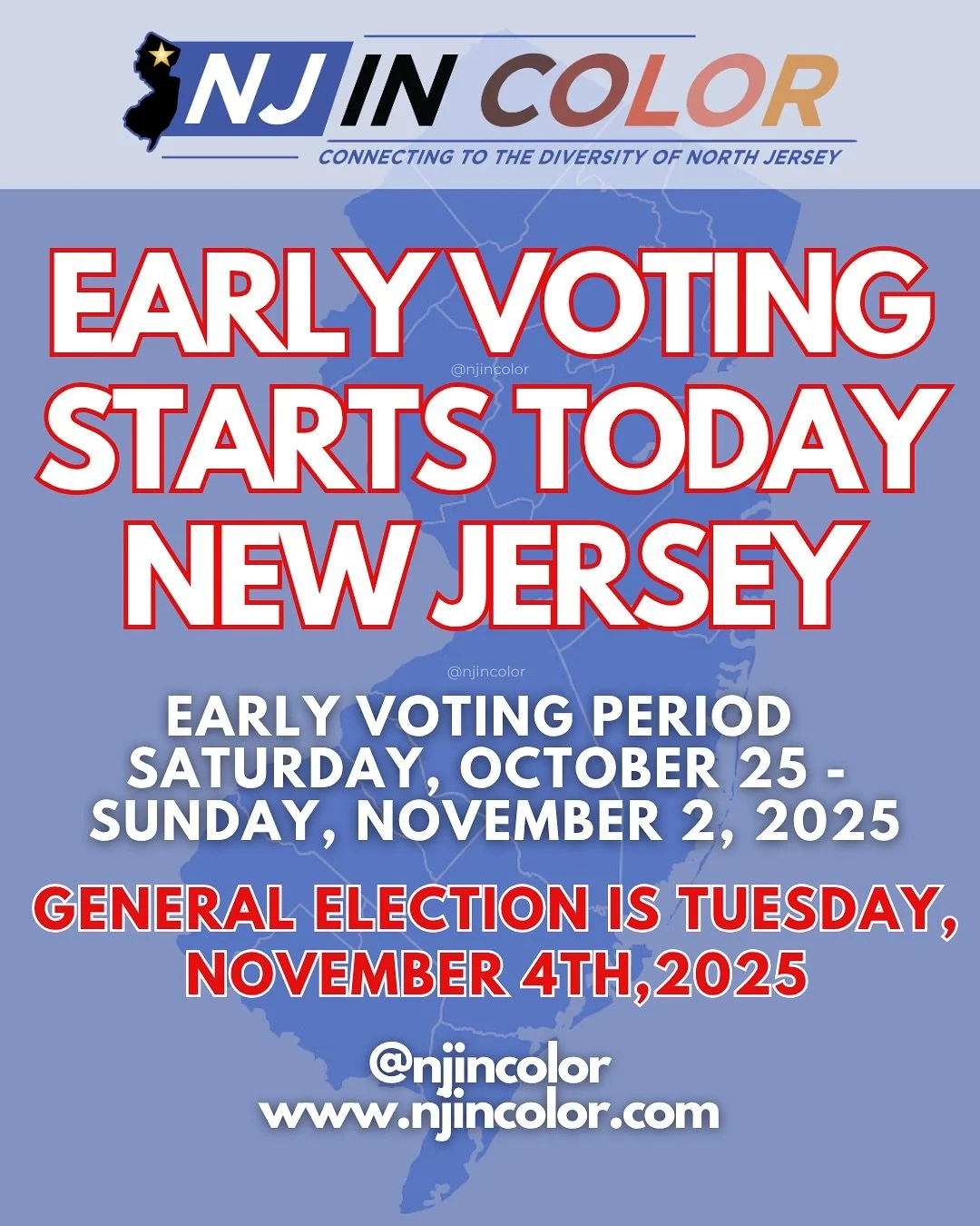 EARLY VOTING STARTS TODAY‼️ 🗳️ NJ General Election 2025 - IMPORTANT DATES 📆 

Are you ready to VOTE in the New Jersey General Election? Here are the crucial dates as we get closer to this important Election Day! 

For complete and official details,