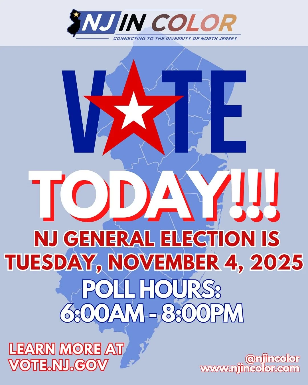 VOTE TODAY‼️ LET YOUR VOICE BE HEARD‼️

Today is the day that we choose who gets to lead New Jersey into the future. 💙

Our vote is our voice, and although cliche, this is our opportunity to show the Nation where New Jersey stands. Do your part and 