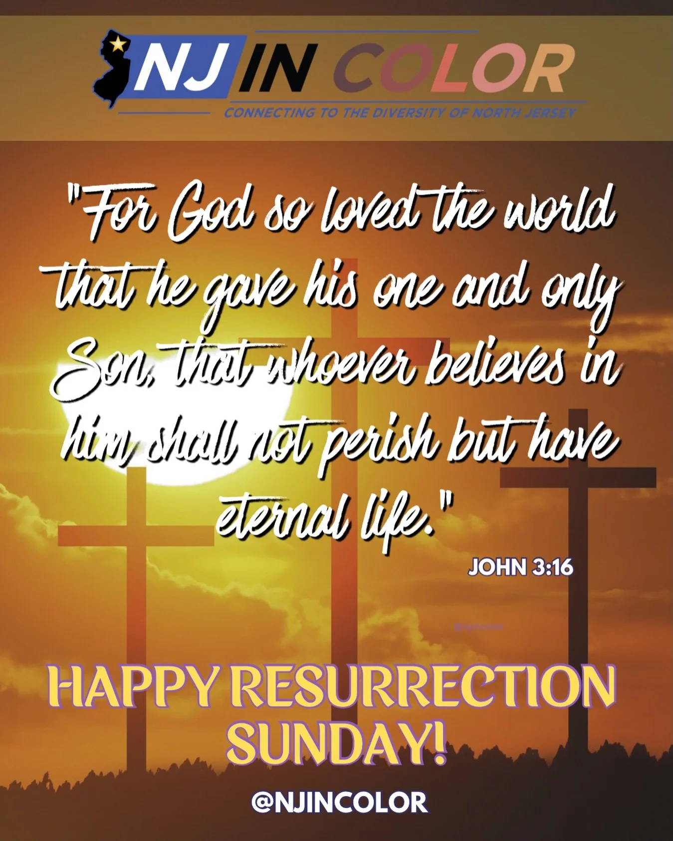 Happy Resurrection Sunday, New Jersey! ✝️
In these times of strife and conflict, we send a message of PEACE, LOVE, and HOPE to ALL people, everywhere!🙏🏾❤️

#njincolor #jesusistheway #newjersey