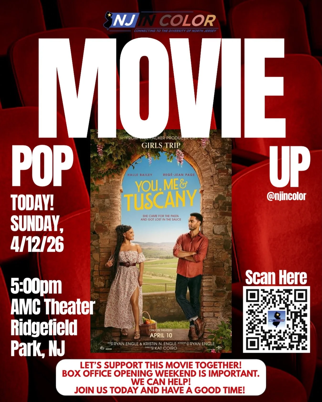 🍿POP UP MOVIE: You, Me, &amp; Tuscany 🎞️ 
Join us TODAY 4/12 at 5:00pm - AMC Ridgefield Park 🎥 TICKET LINK IN BIO 🎟️ 

Opening Box Office numbers matter, Black Cinema Matters! WE NEED TO SUPPORT THIS MOVIE! 🙌🏾

Good morning NJ In Color Family! 