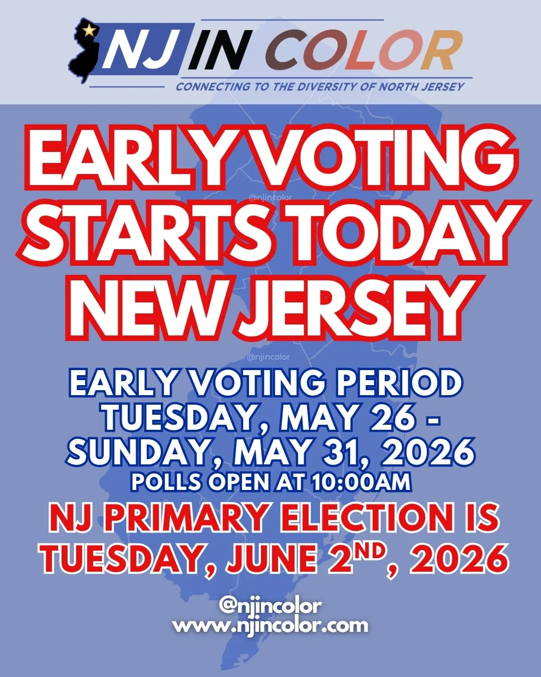 EARLY VOTING STARTS TODAY‼️ 🗳️ NJ PRIMARY Election 2026 - IMPORTANT DATES 📆 

VOTE LOCAL - YOUR VOTE IS YOUR VOICE‼️

Are you ready to VOTE in the 2026 New Jersey Primary Election? Here are the crucial dates as we get closer to this important Elect