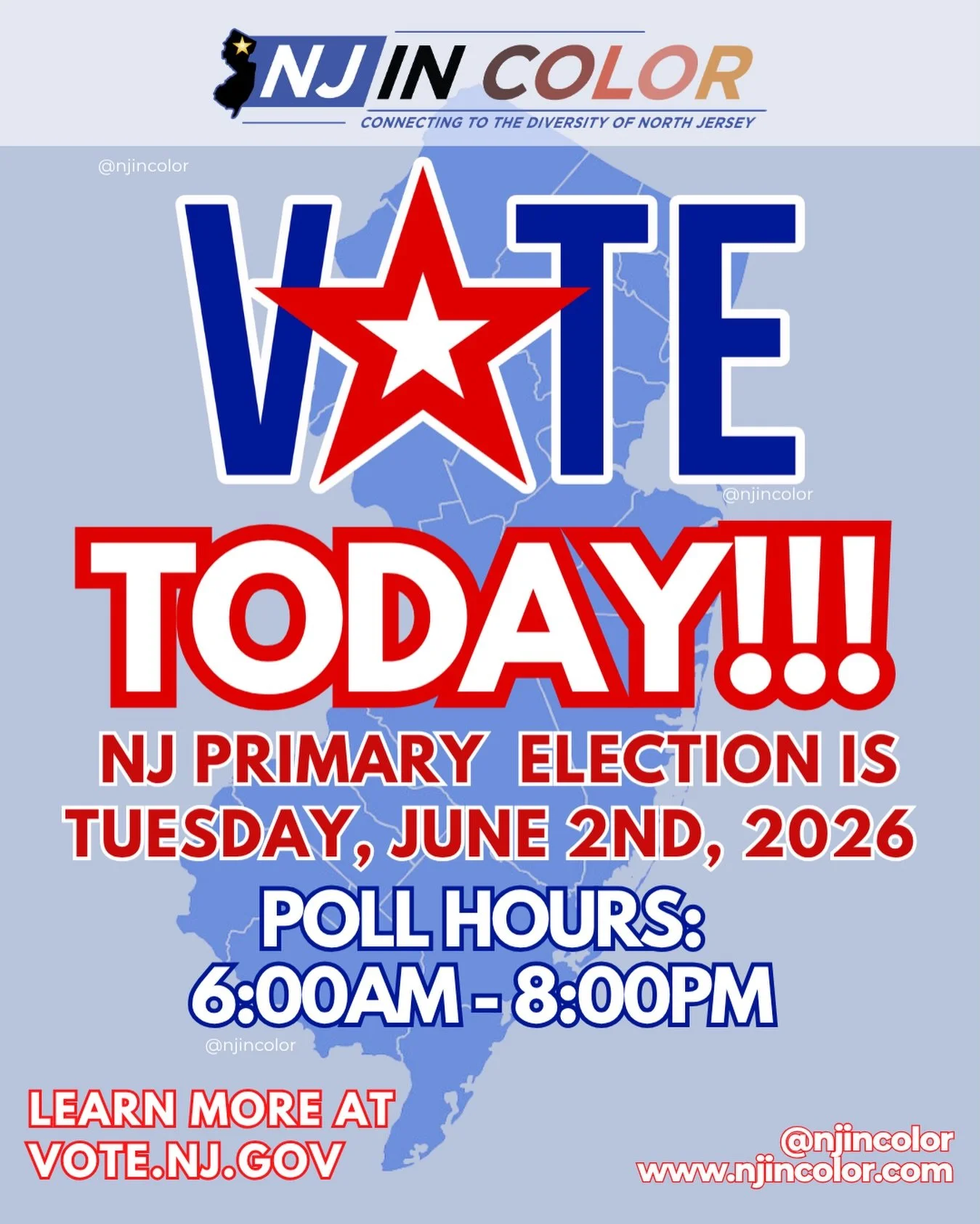 VOTE TODAY‼️ NJ PRIMARY ELECTION - JUNE 2nd, 2026‼️ LET YOUR VOICE BE HEARD‼️

GET UP, GET OUT, &amp; VOTE‼️ 
LOCAl ELECTIONS MATTER- if your vote didn't matter, they wouldn't have to change the laws to take it away. Let's do our part, exercise our R