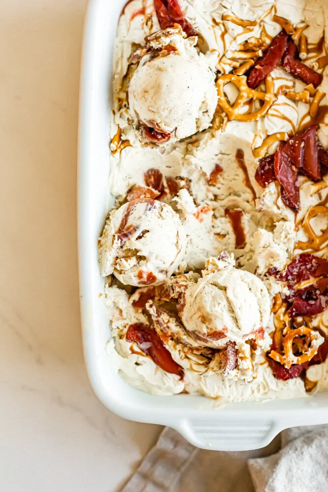 Bourbon Peach and Pretzel Ice Cream with Caramel