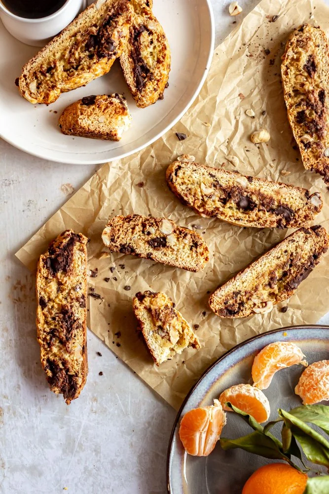 Biscotti with Dark Chocolate, Hazelnuts, and Clementine