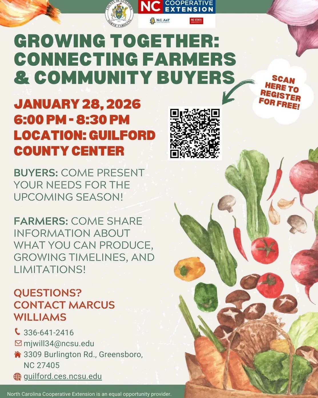 Growing Together: Connecting Farmers &amp; Community Buyers is a free event hosted by NC Cooperative Extension that brings producers and buyers into the same room to talk honestly about needs, availability, timelines, and possibilities for the season