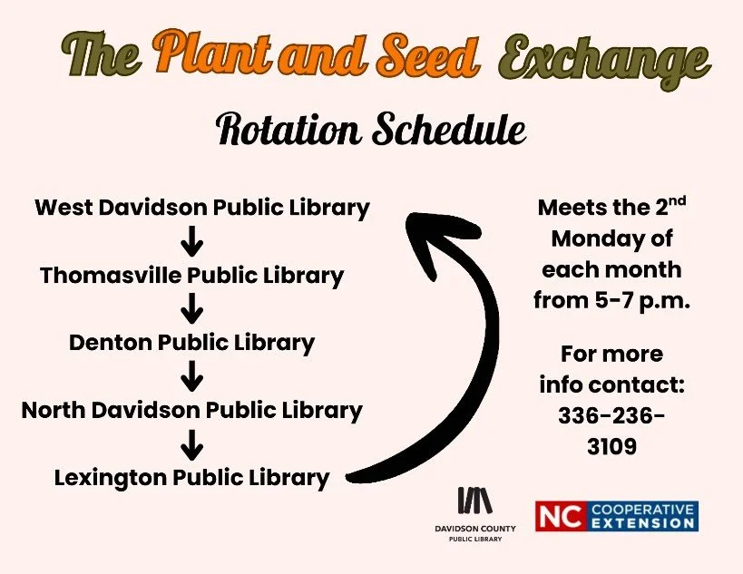 🌱 Plant &amp; Seed Swap at Davidson County Libraries 🌱

Every 2nd Monday of each month, the Davidson County Libraries host a Plant and Seed Exchange&mdash;a perfect excuse to grow your collection and your gardening knowledge at the same time.

Bren