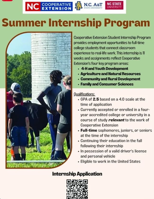 🌱 Summer Internship Opportunity 🌱

NC Cooperative Extension is now accepting applications for its Summer Internship Program! This 11-week paid internship connects classroom learning with real-world, hands-on experience in communities across North C