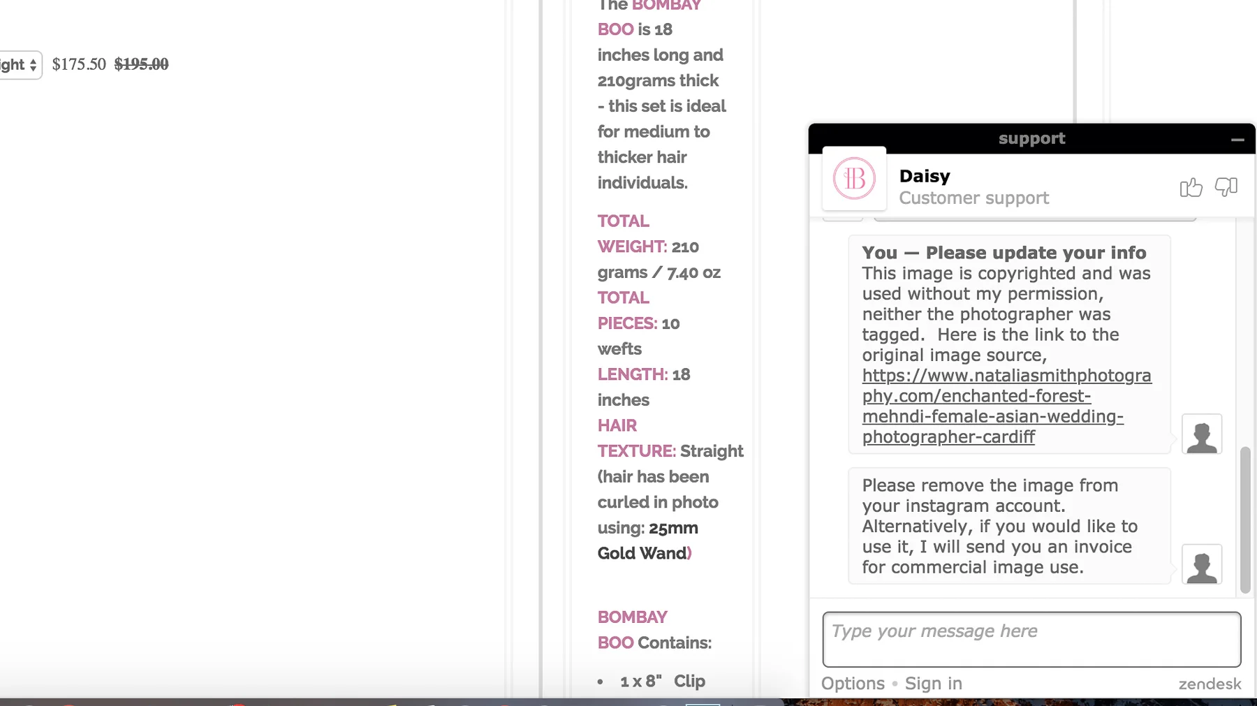 Started a conversation on the hair product company’s website chat