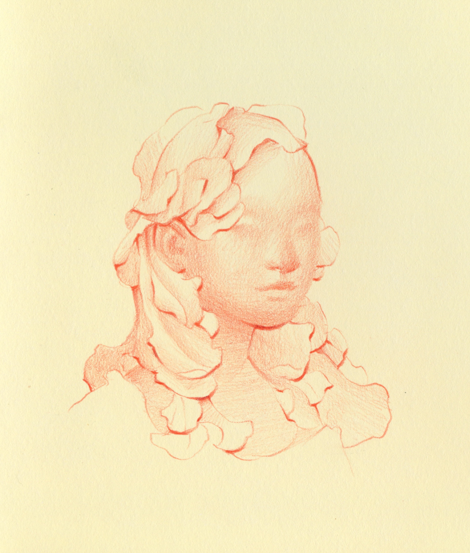 Portrait art with floral headdress in pencil by Laura Dreyer.