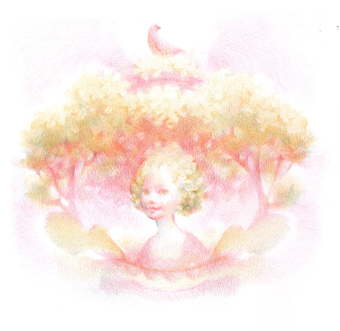 Children's Illustration in colored pencil: Pink Tree Princess