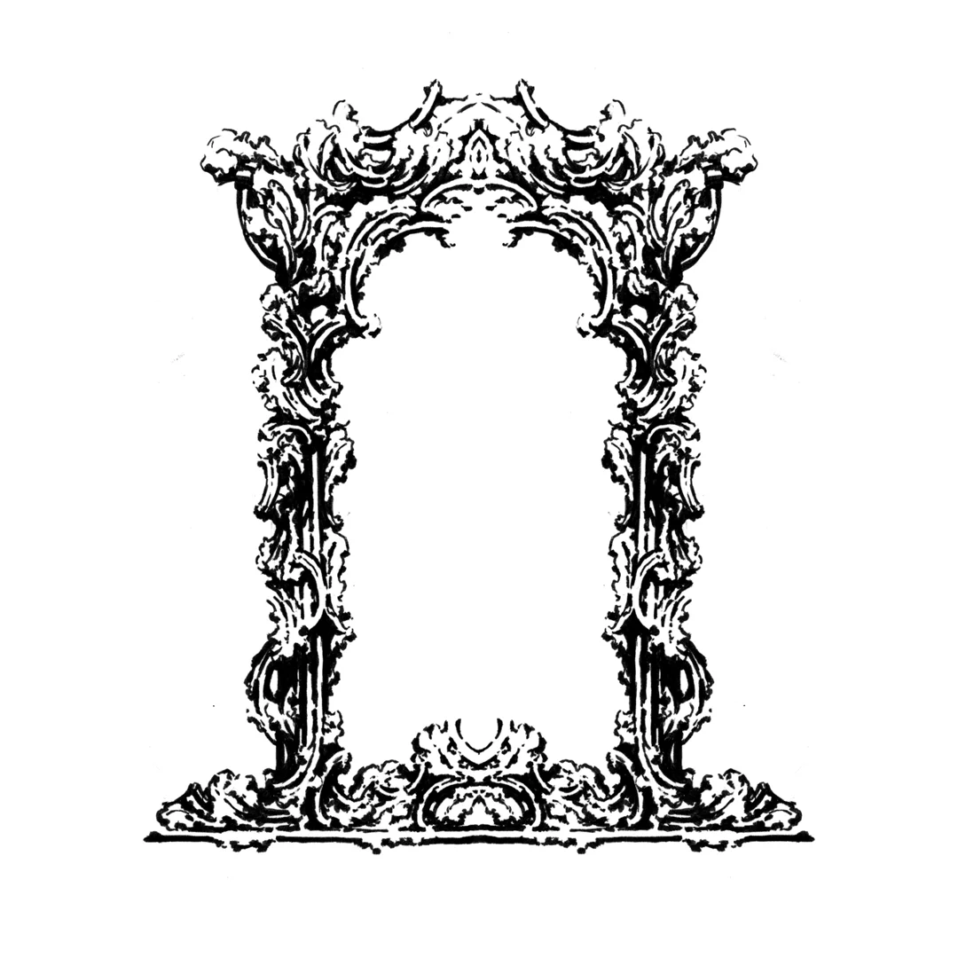 Ornate Rococo-inspired frame illustration, drawing by Laura Dreyer