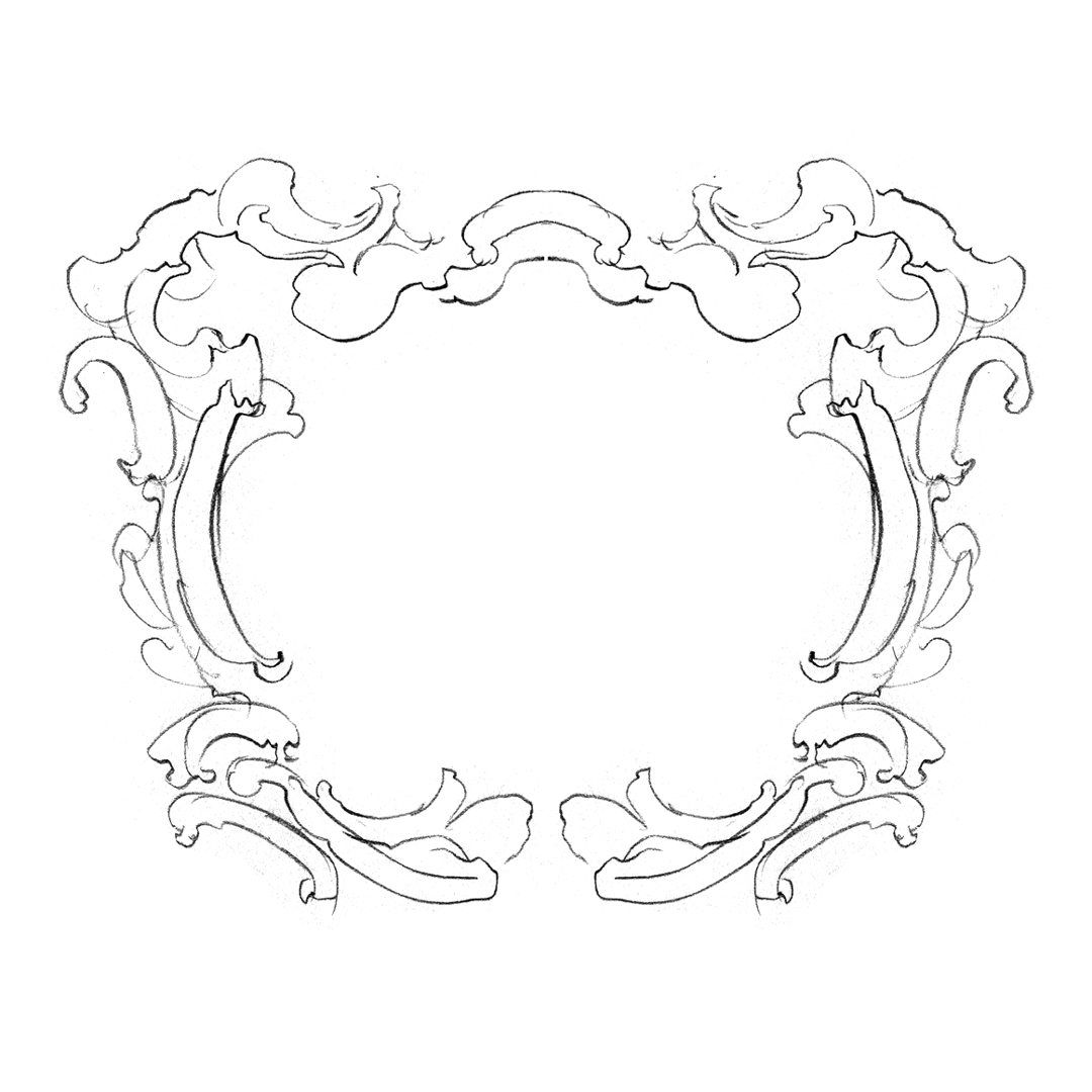 Ornate baroque frame design, drawn by Laura Dreyer