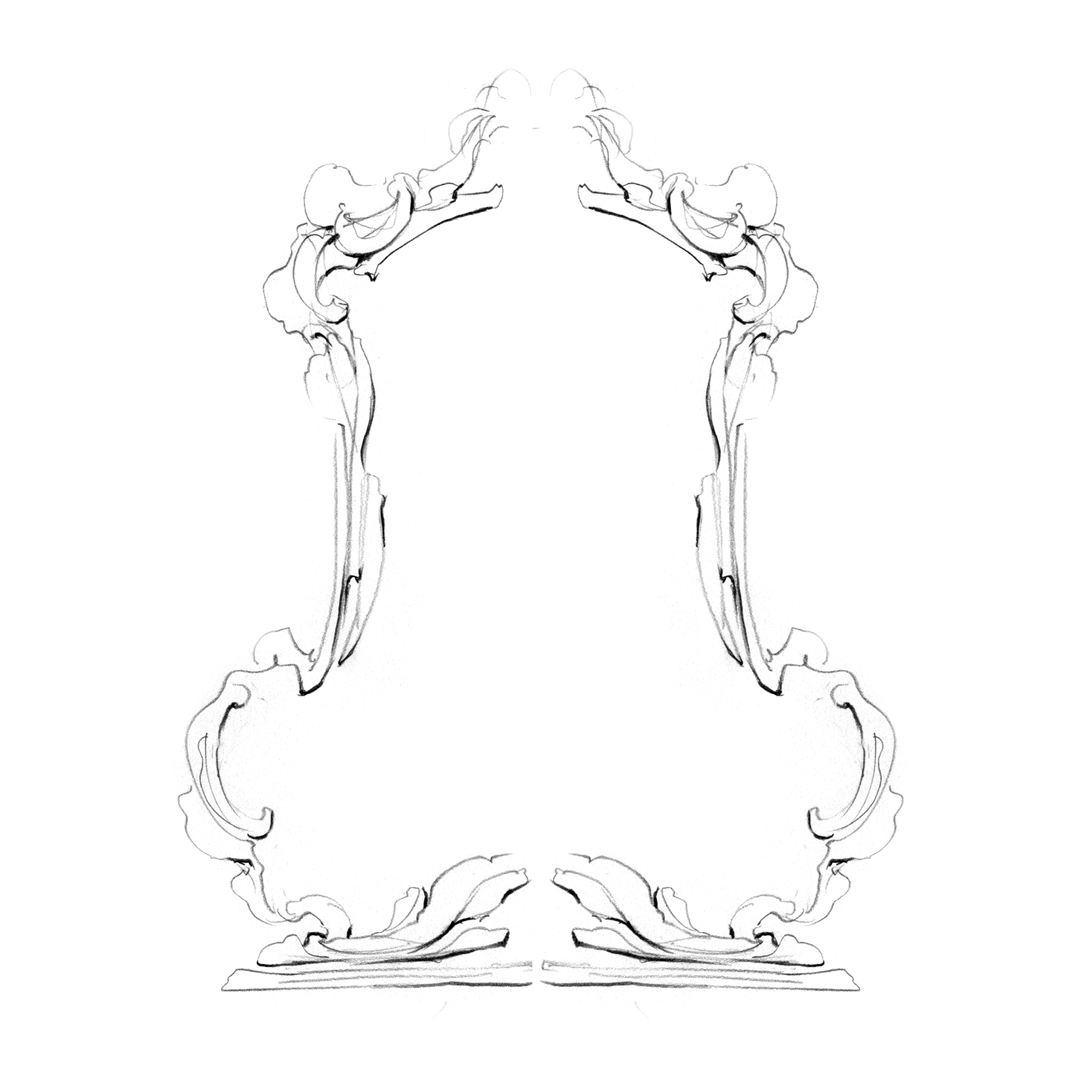 Ornate baroque frame design, drawn by Laura Dreyer