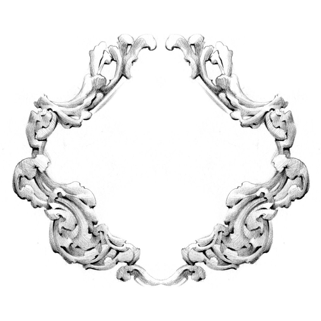 Ornate baroque frame design, drawn by Laura Dreyer