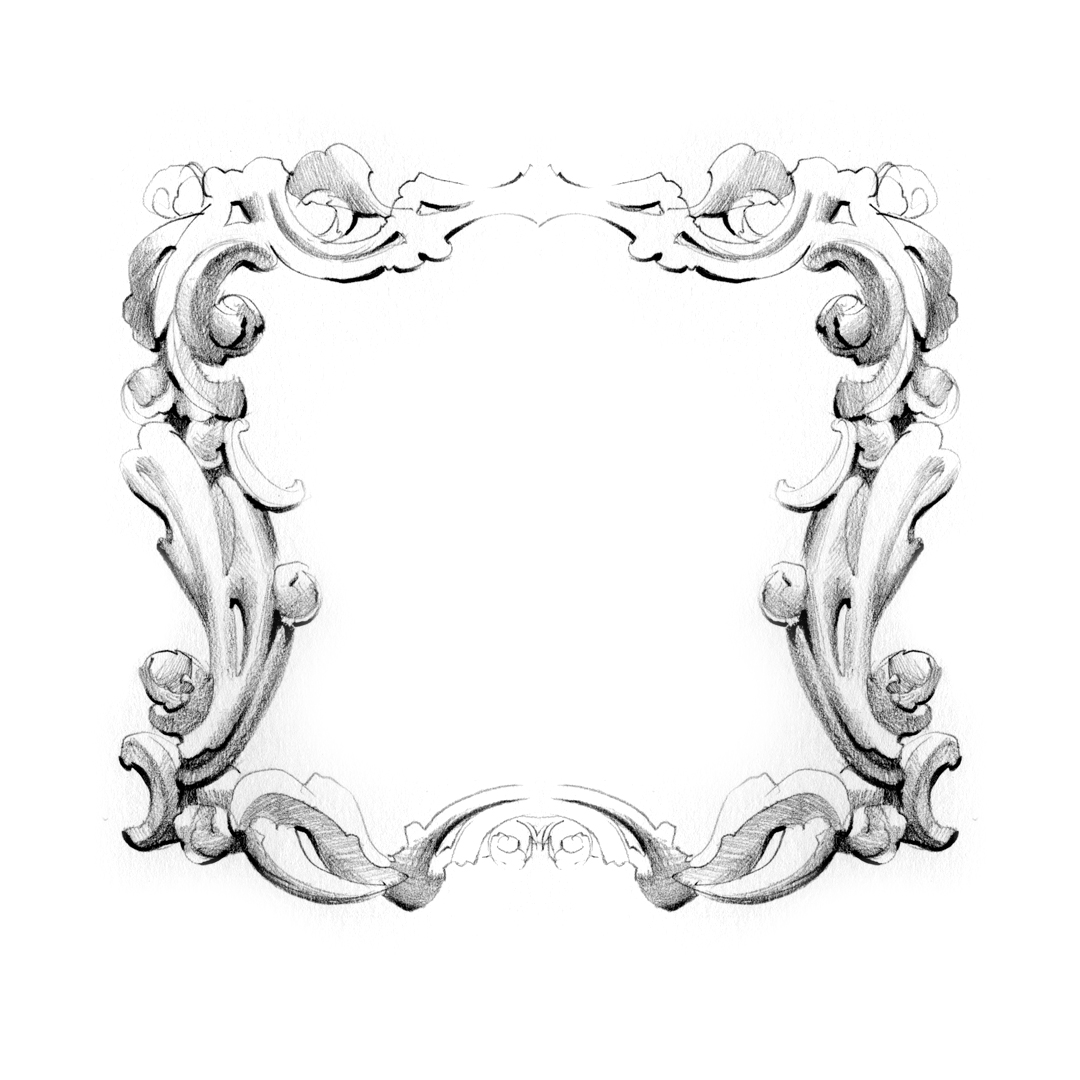 Ornate baroque frame design, drawn by Laura Dreyer