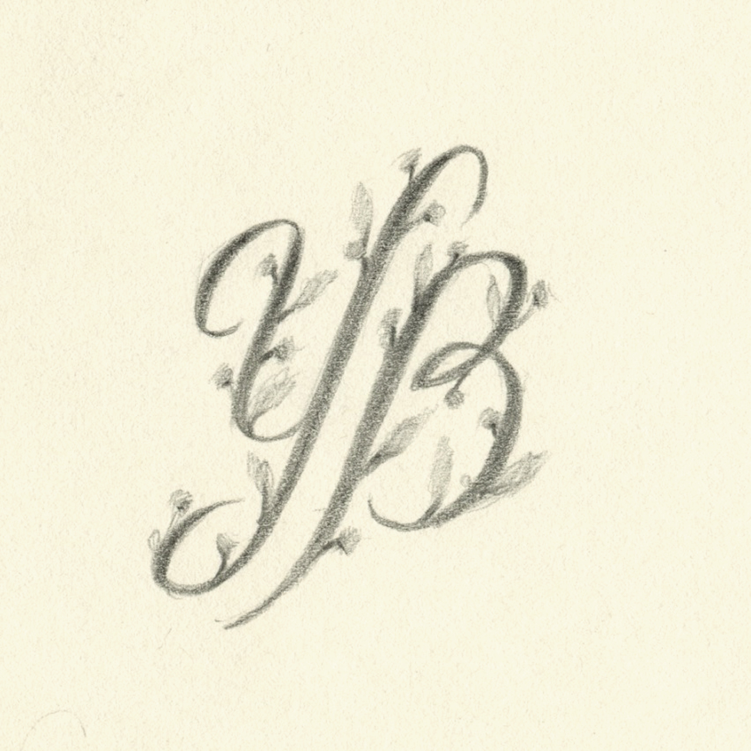 Ornate monogram YB, illustrated in pencil by Laura Dreyer.