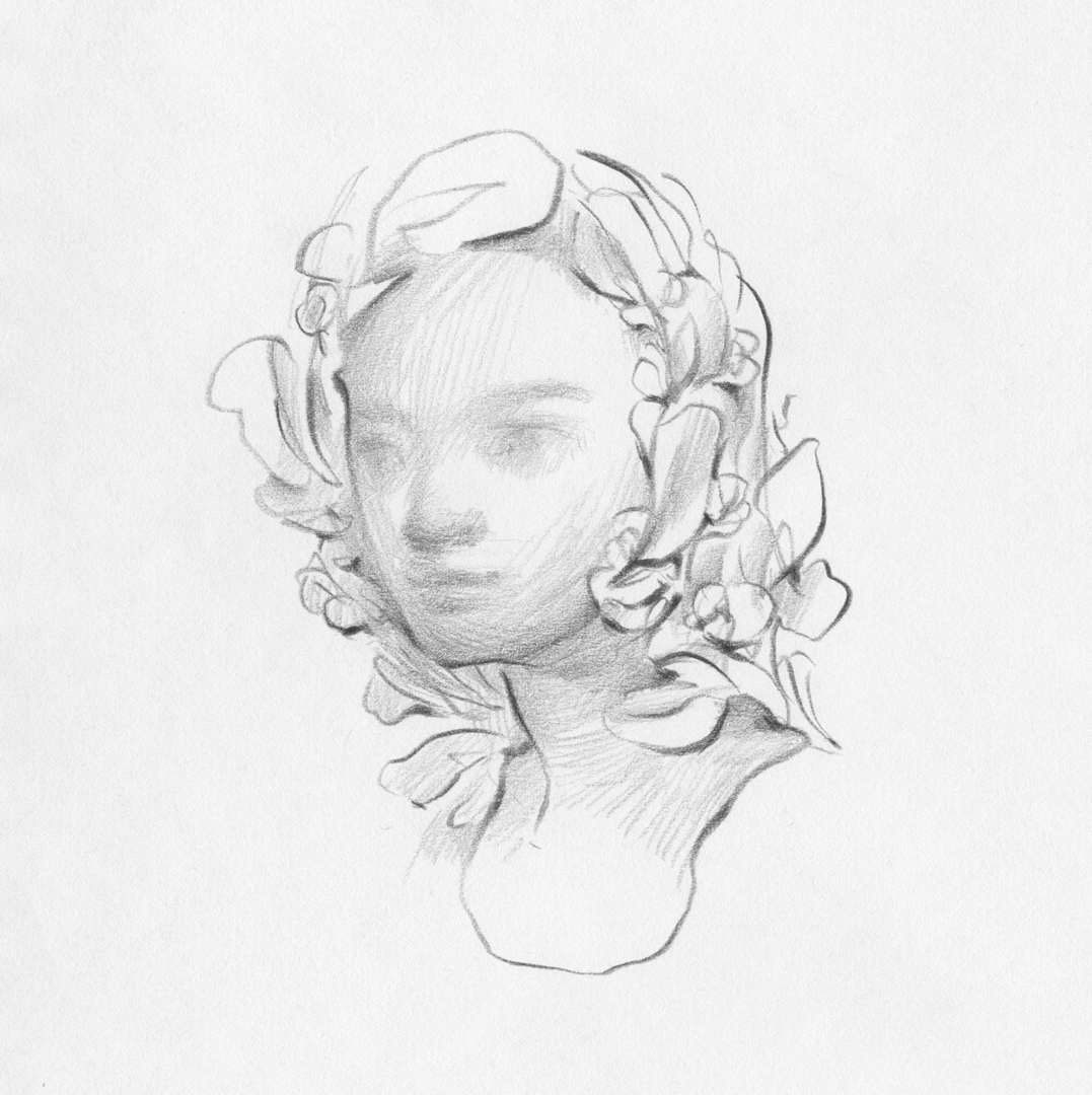 Sketch in pencil of a girl and flower crown by Laura Dreyer