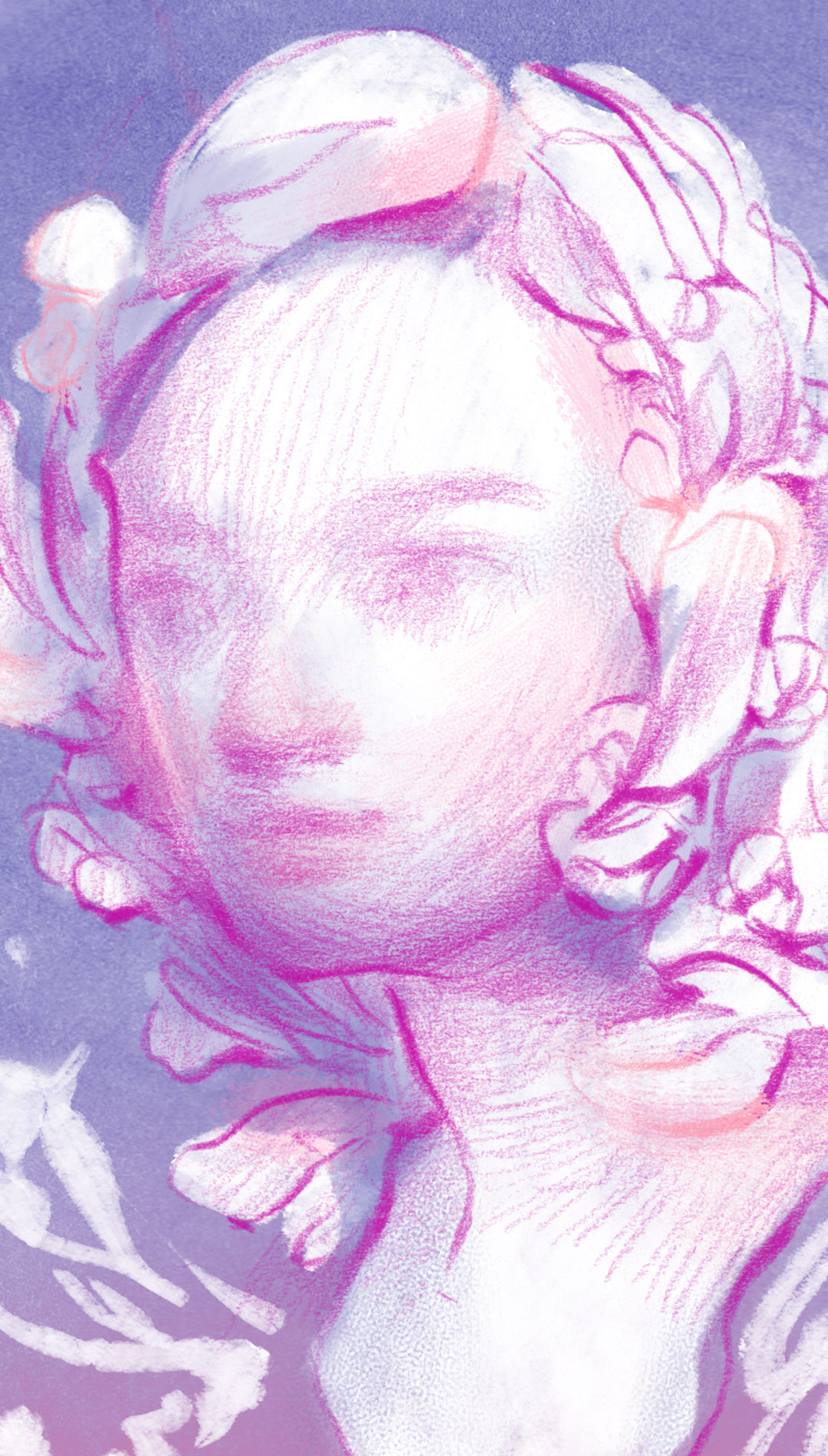 Detail of purple portrait drawing of girl with flower crown