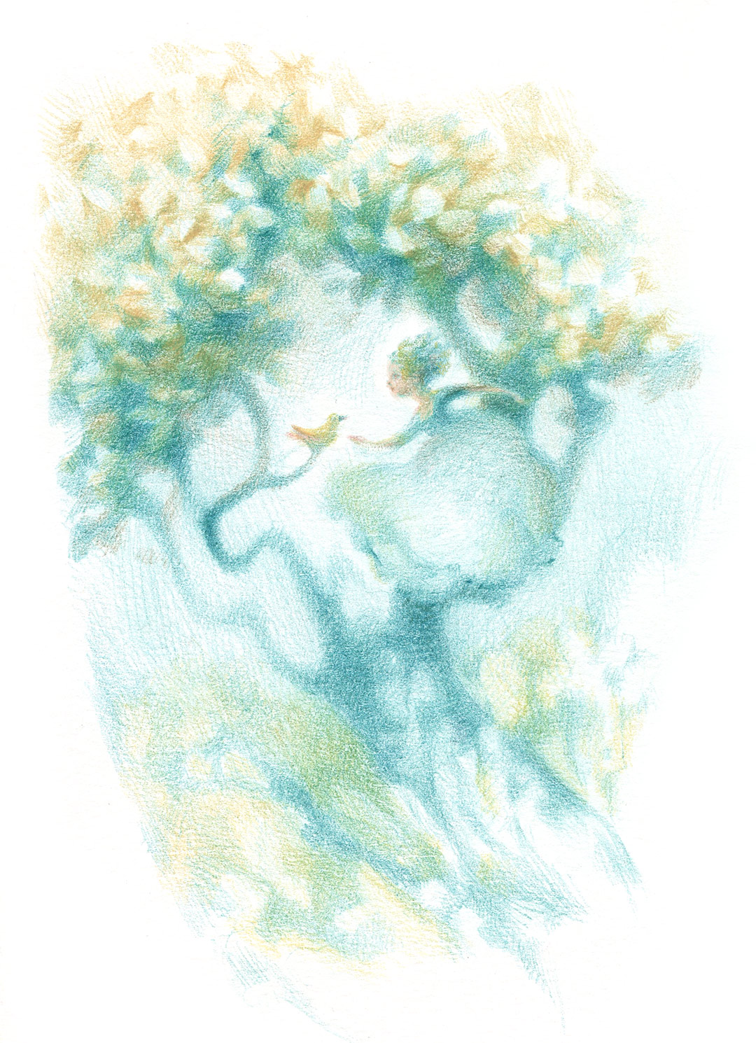 Children's Illustration in colored pencil: Blue Tree Princess