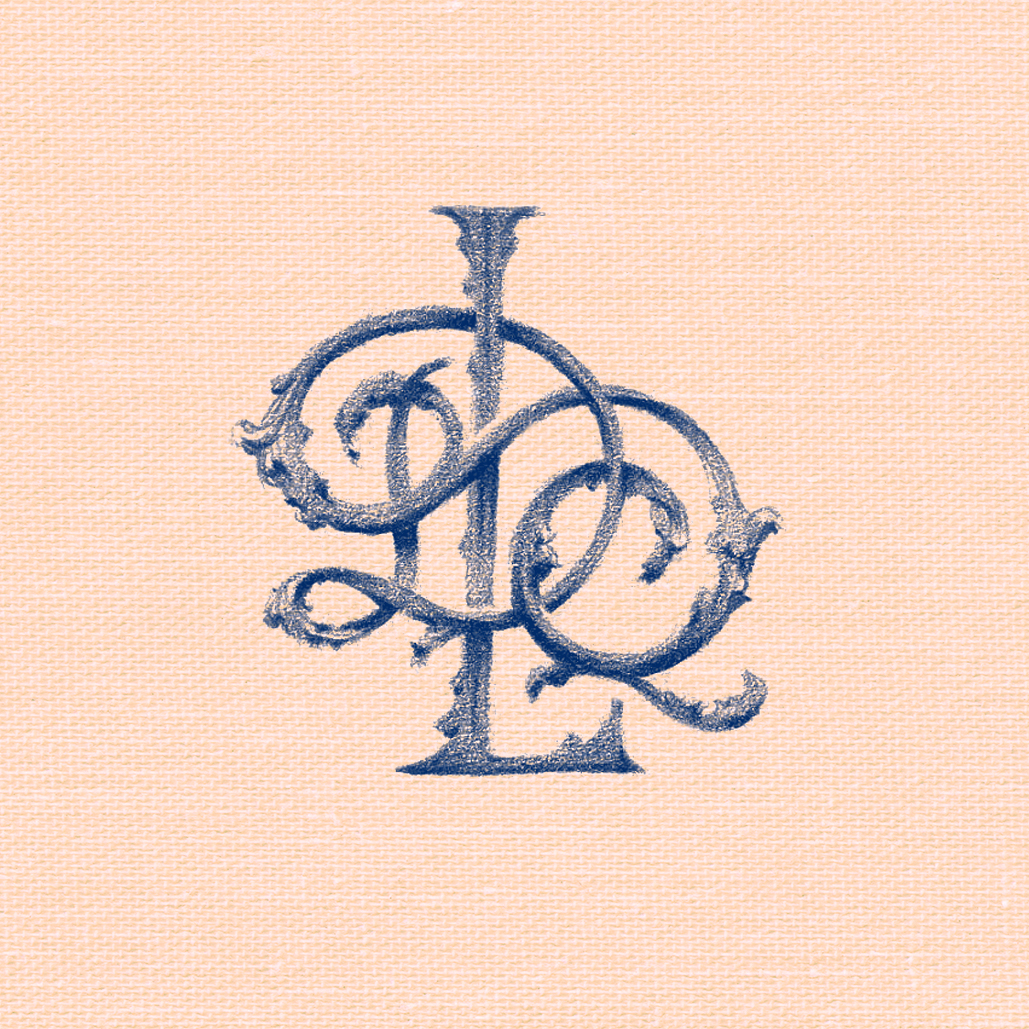 Ornate monogram DQL, illustrated in pencil by Laura Dreyer.