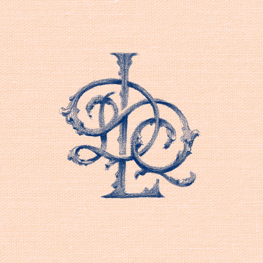 Ornate monogram DQL, illustrated in pencil by Laura Dreyer.