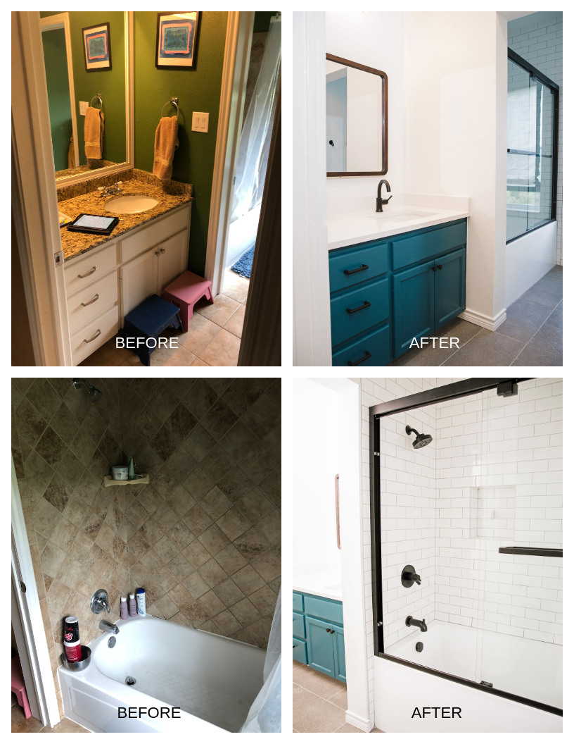 In this Kids’ Bathroom, the homeowner wanted to keep the existing vanity but update the countertop. the bold blue paint added to the vanity updated its appearance. This rest of the bathroom was completely gutted and renovated with a new mirror, tub, TIle, fixtures, paint, and tile flooring.