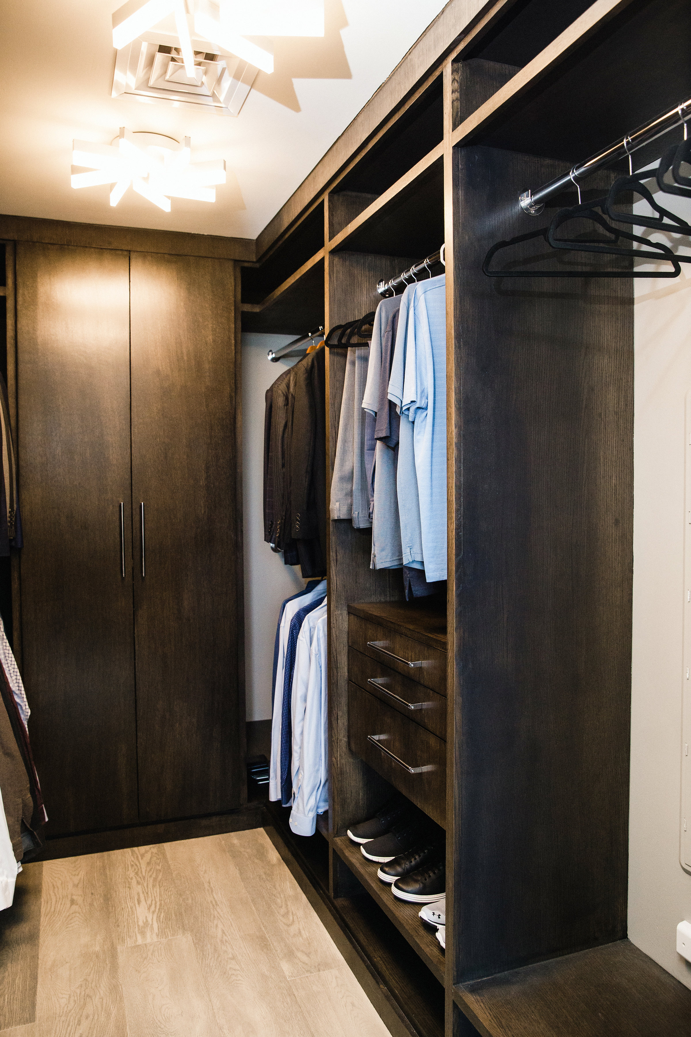 A dark stain was used on this white oak to create a modern, masculine look.