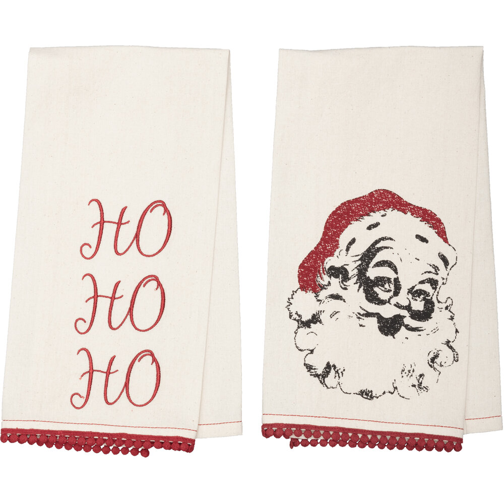 Chenille Christmas HO HO HO Bleached White Muslin Tea Towel Set of 2 19x28