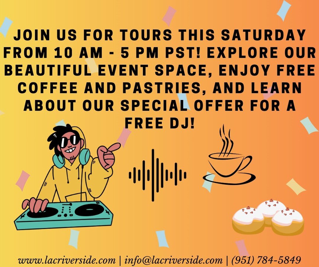 Attention Riverside, CA residents, and event planners! Our banquet hall is hosting tours this Saturday from 10 am to 5 pm PST, and we would love to have you join us. Come explore our beautiful event space, sample some delicious coffee and pastries, a