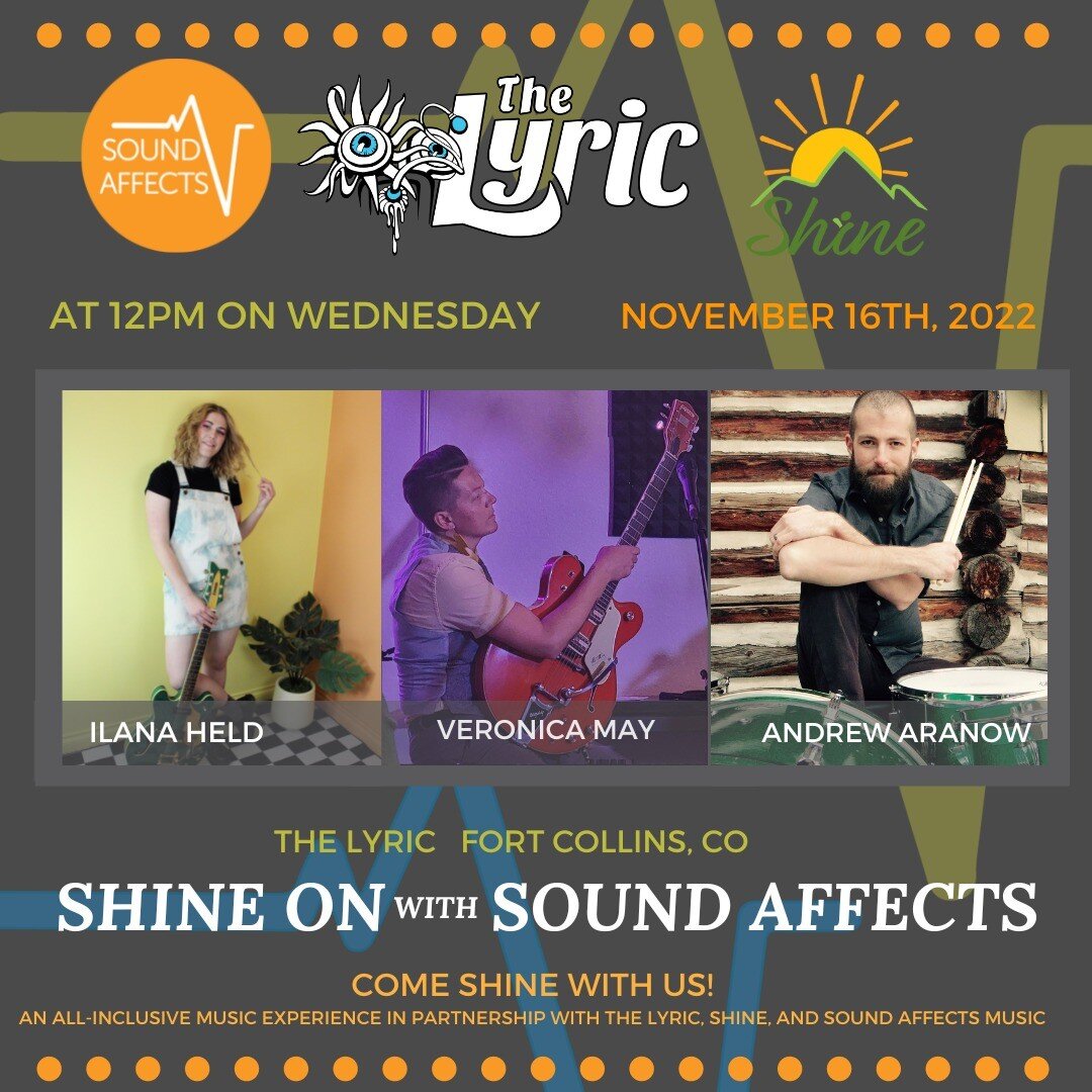 Anyone looking forward to tomorrow? We are! Tomorrow is Shine Day!! Join us from 12pm-1pm at The Lyric for never before heard sets of on-the-spot collaboration. Grab some lunch and a seat and we'll see you there!

ADA Accessible
Dementia Friendly
Kid